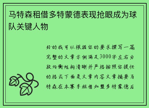 马特森租借多特蒙德表现抢眼成为球队关键人物